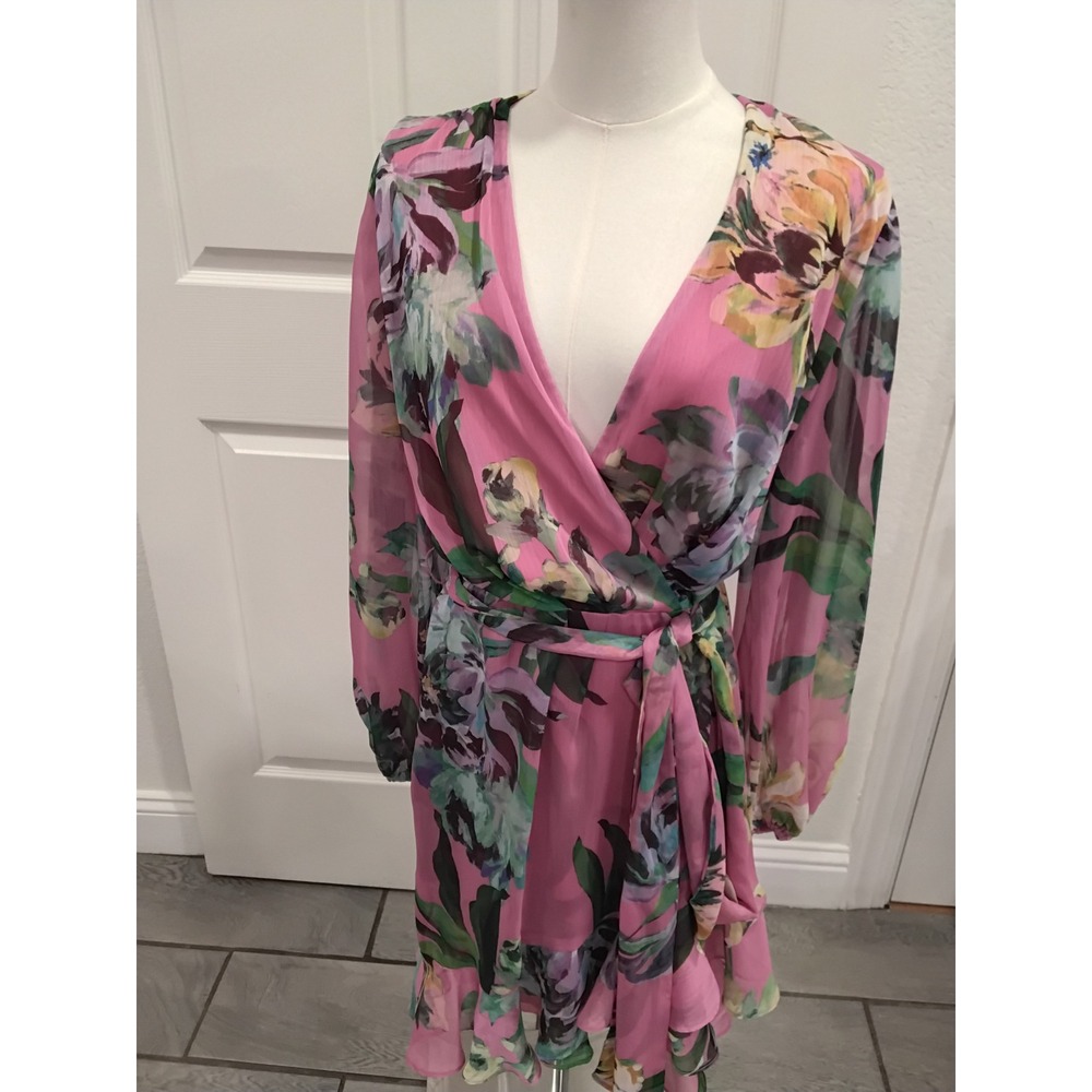 Alex Marie Pink Floral Wrap V-Neck Ruffle Hem Long Sleeve Dress Size 4 NEW - Picture 10 of 11